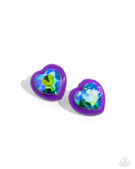 Heartfelt Haute - Purple Frame & Oversized UV Heart Gem Paparazzi Earrings