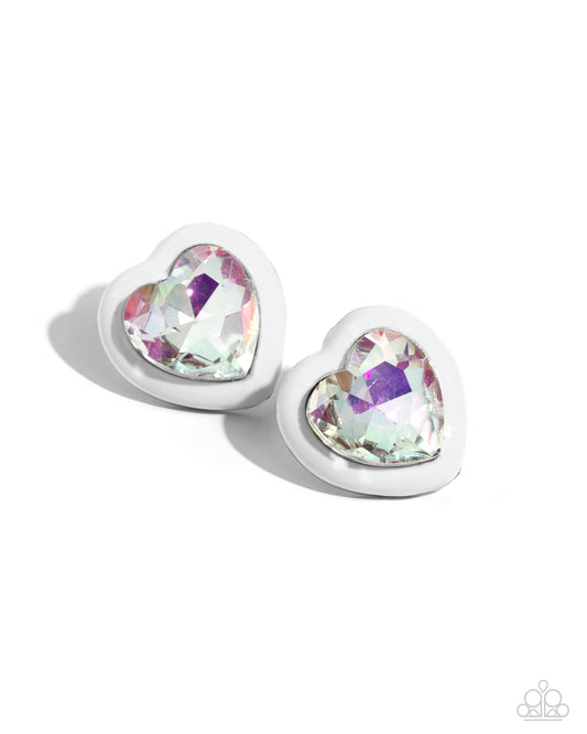 Heartfelt Haute - White Heart Frame & UV Heart Gem Paparazzi Earrings