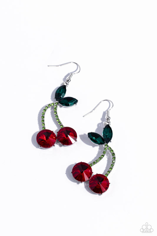 Cherry Cameo - Red Faceted Gems & Green Rhinestone Cherry Paparazzi Earrings