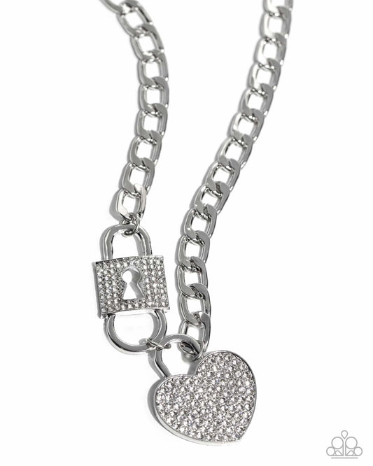 Lock Up Your Love - White Rhinestone Embellished Lock/Heart Pendant Paparazzi Necklace & matching earrings