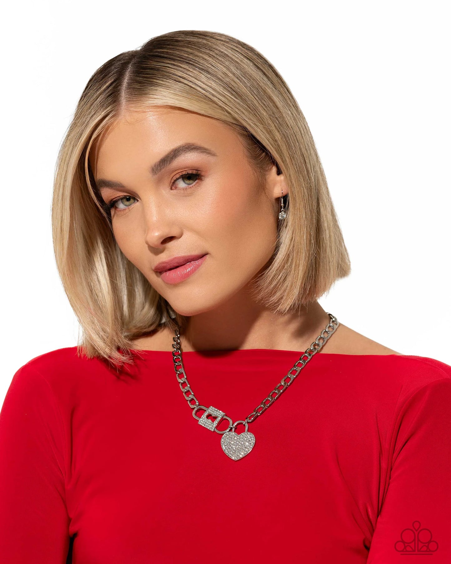 Lock Up Your Love - White Rhinestone Embellished Lock/Heart Pendant Paparazzi Necklace & matching earrings