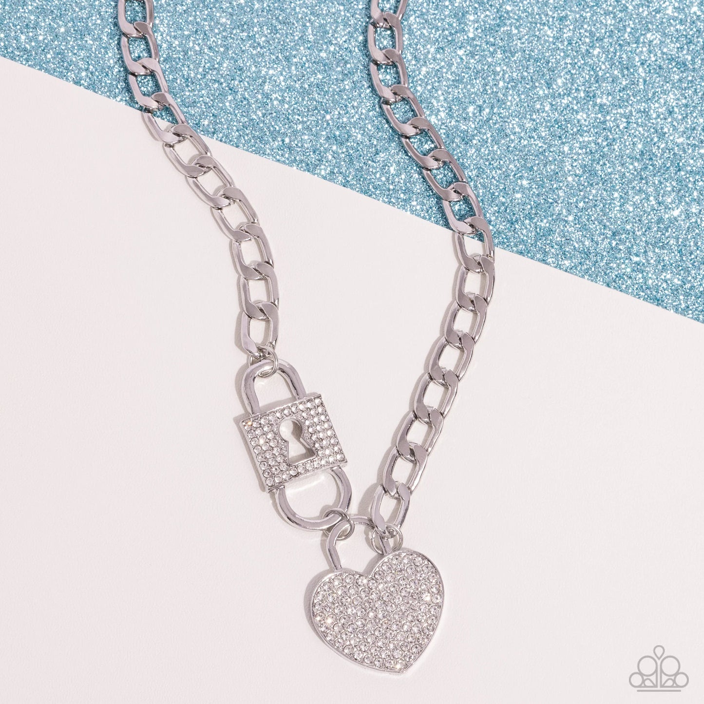 Lock Up Your Love - White Rhinestone Embellished Lock/Heart Pendant Paparazzi Necklace & matching earrings