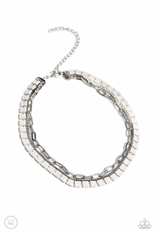 LAYER of the Year - White Interlocking Squares/Silver Chains Paparazzi Necklace & matching earrings