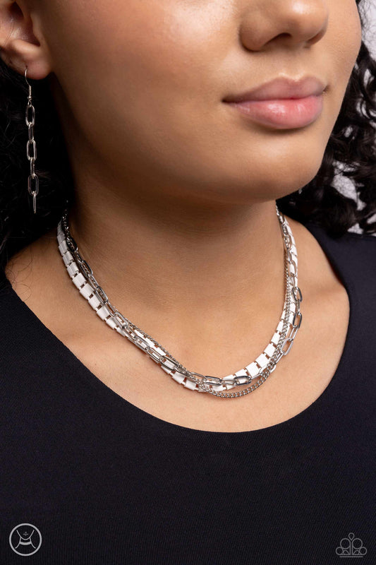LAYER of the Year - White Interlocking Squares/Silver Chains Paparazzi Necklace & matching earrings