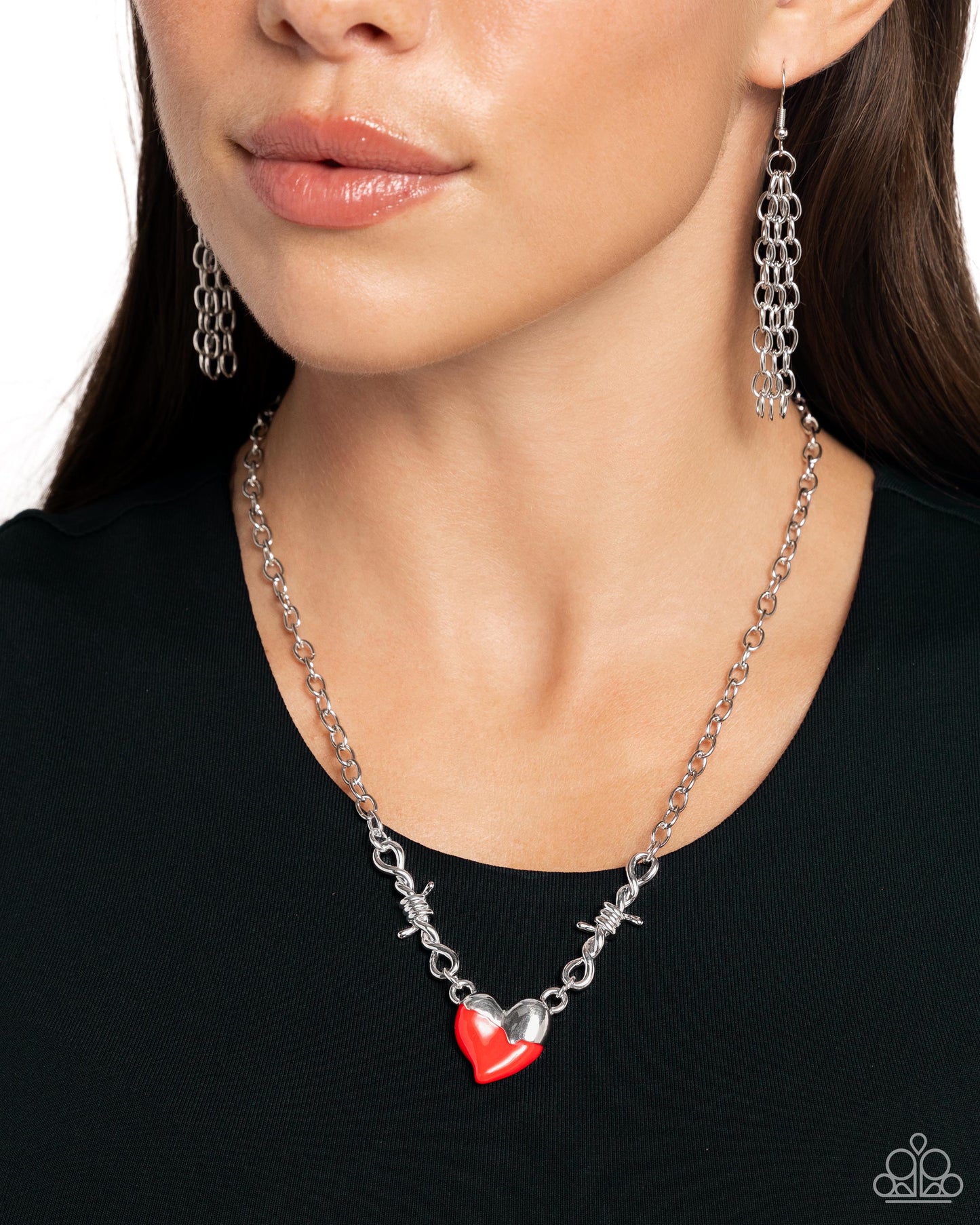 Trendy Tribute - Red Paint Dipped Silver Heart Pendant Paparazzi Necklace & matching earrings