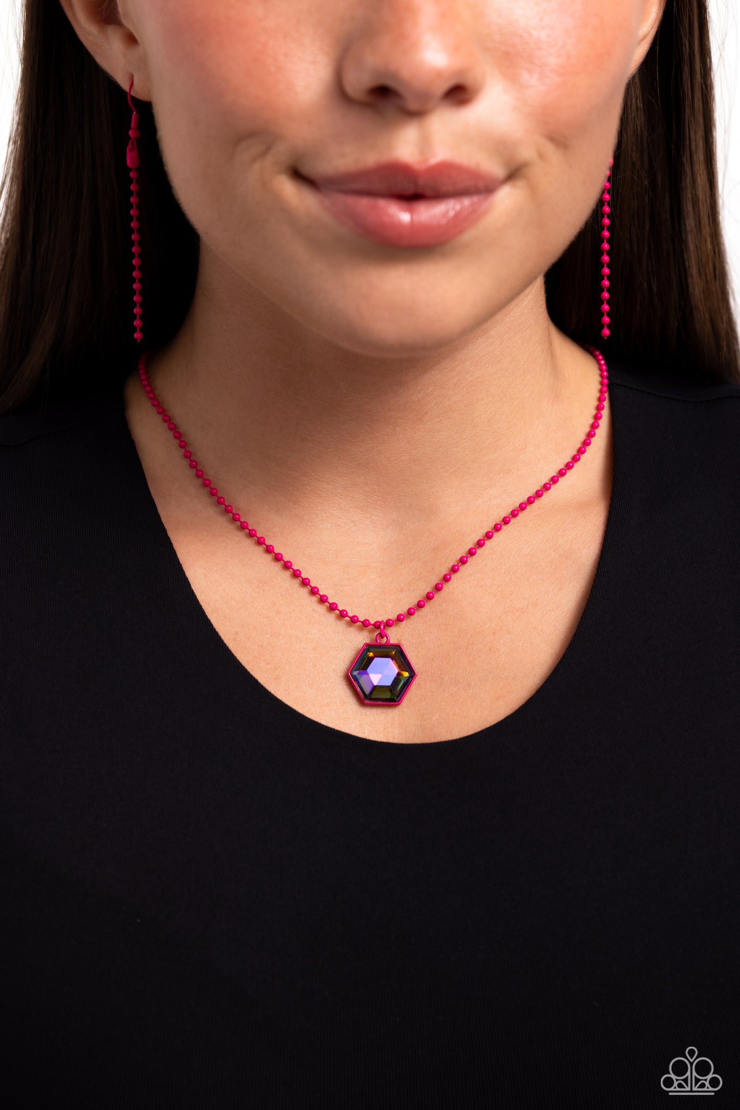 Sprinkle of Simplicity - Pink Ball Chain/Multicolored Gem Pendant Paparazzi Necklace & matching earrings