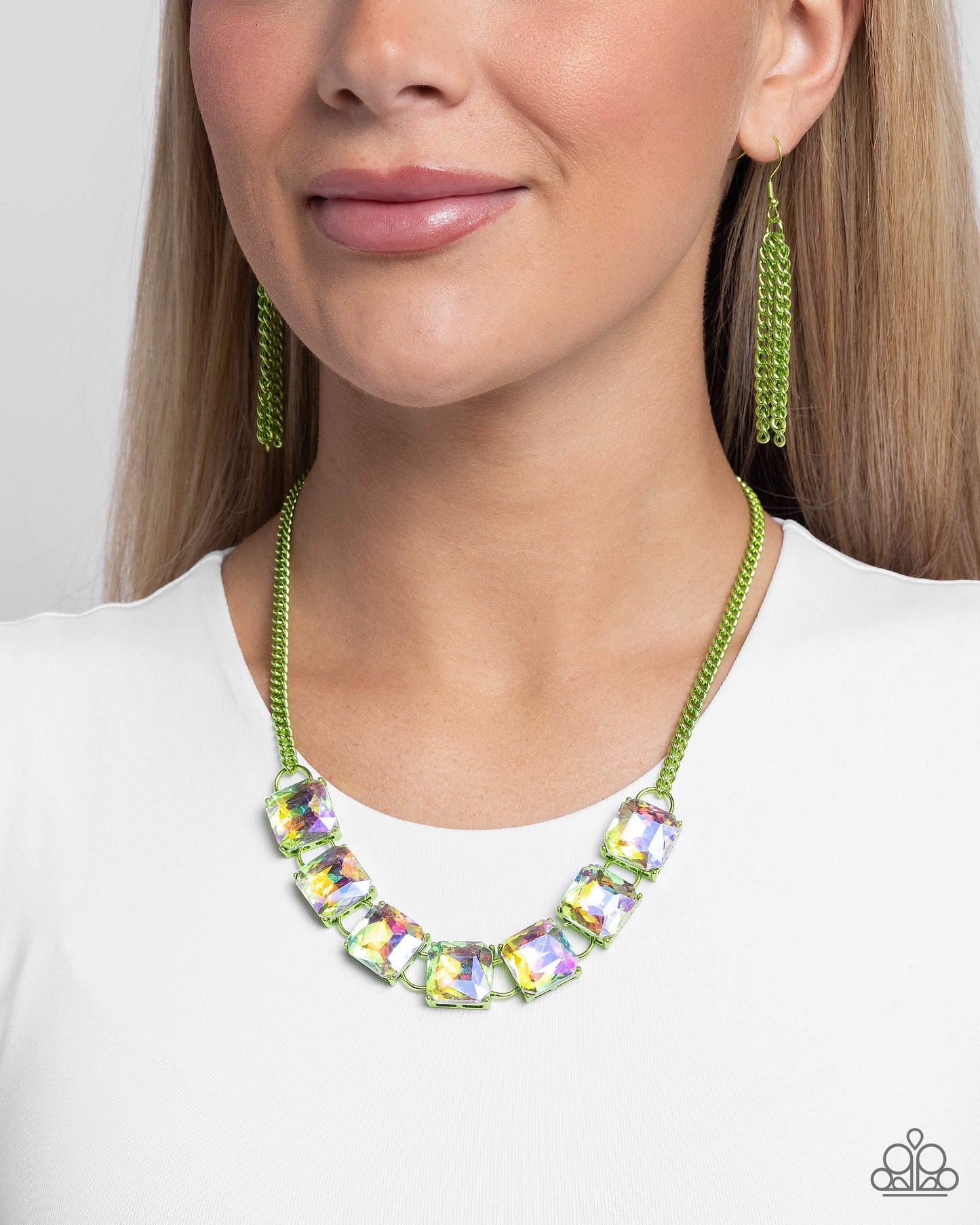 I SQUARE to Secrecy - Green Chain/UV Green Gems Paparazzi Necklace & matching earrings