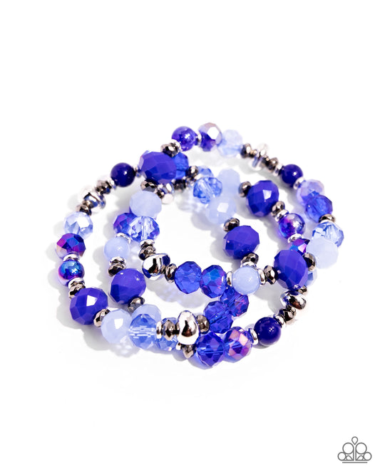 Stack of GLASS - Blue Faceted Beads, Silver Beads, & Gunmetal Beaded Set of 3 Paparazzi Stretch Bracelets