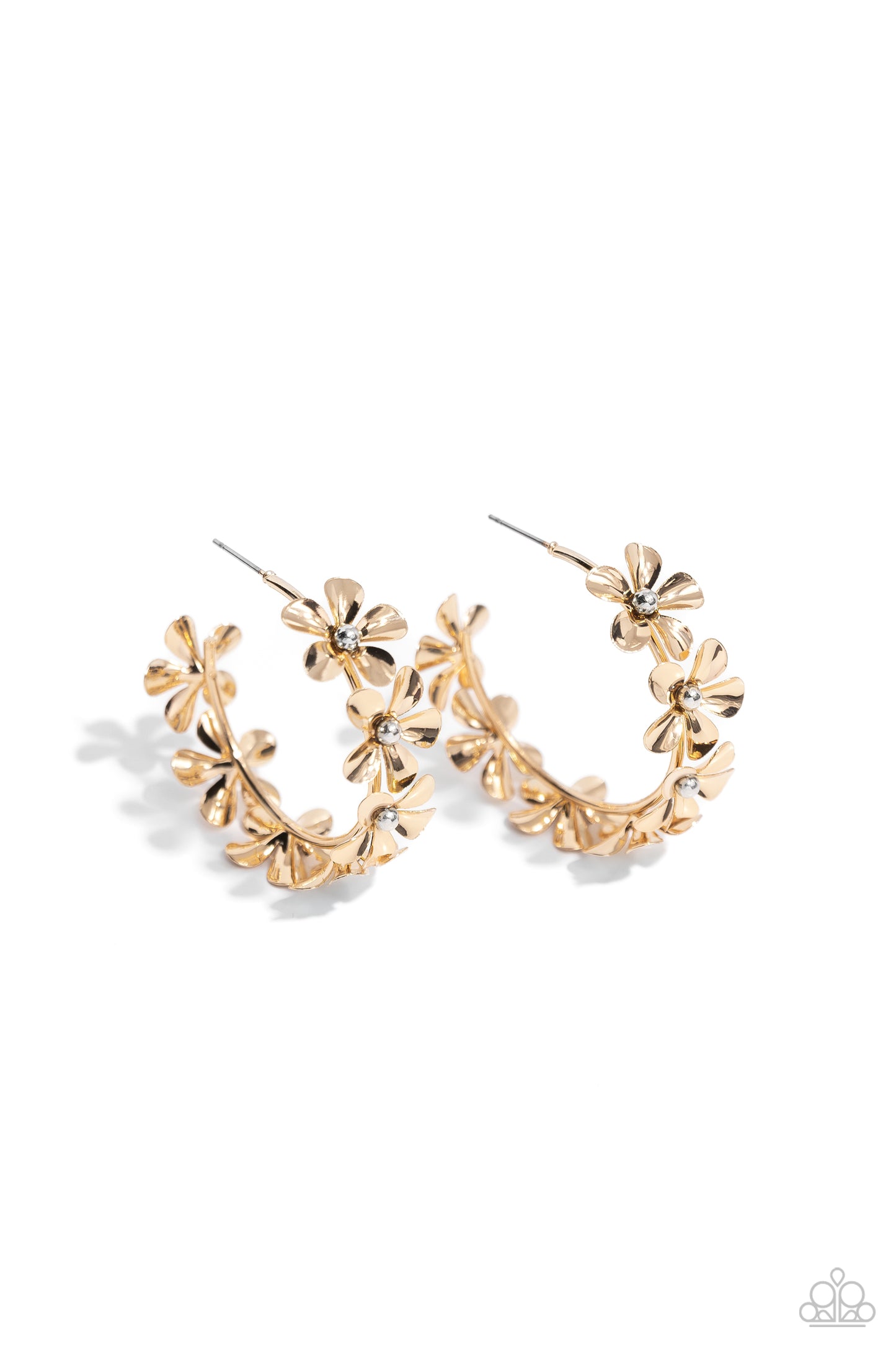 Floral Flamenco - Gold Flowers Encrusted Paparazzi Hoop Earrings