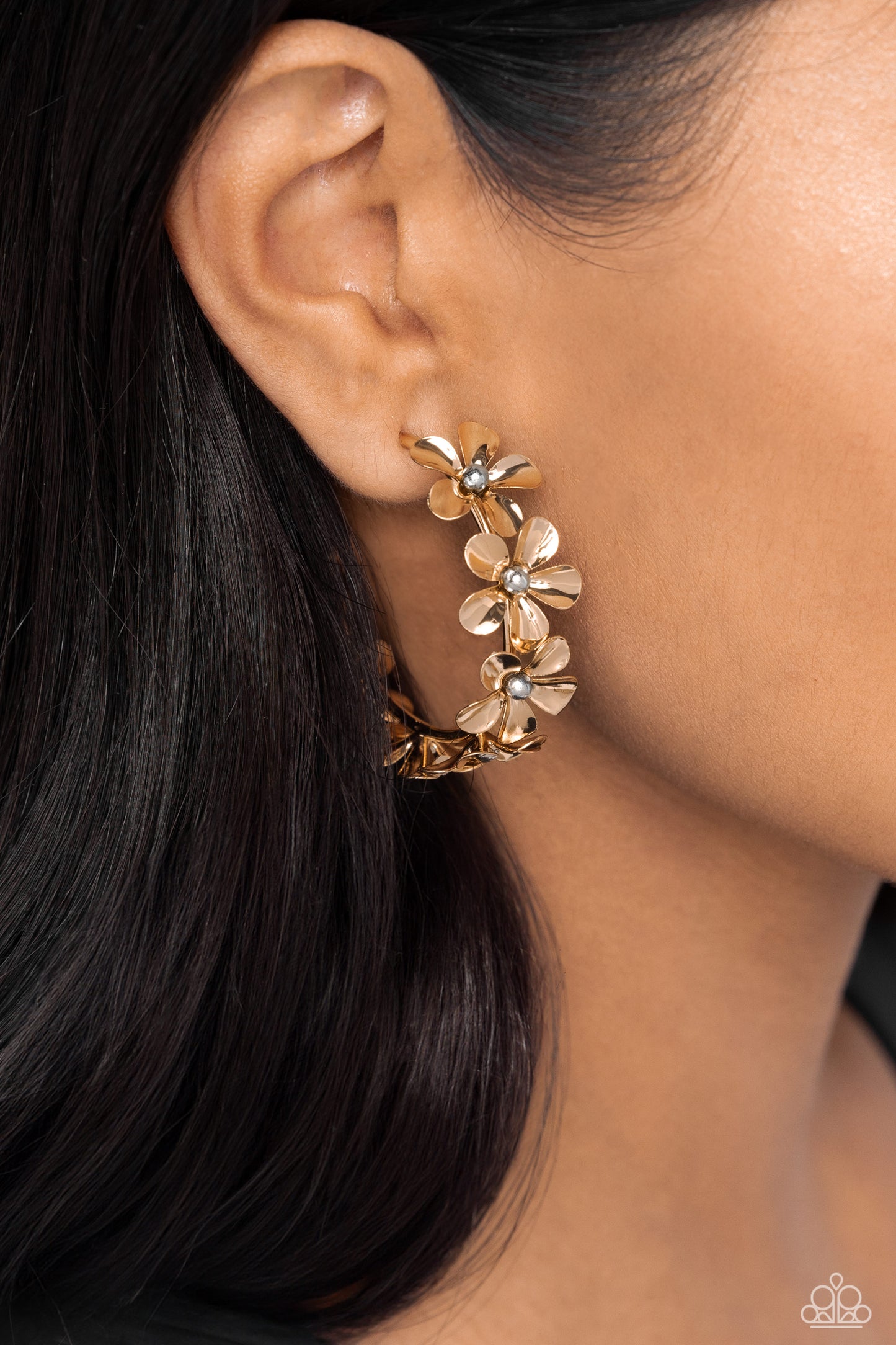 Floral Flamenco - Gold Flowers Encrusted Paparazzi Hoop Earrings