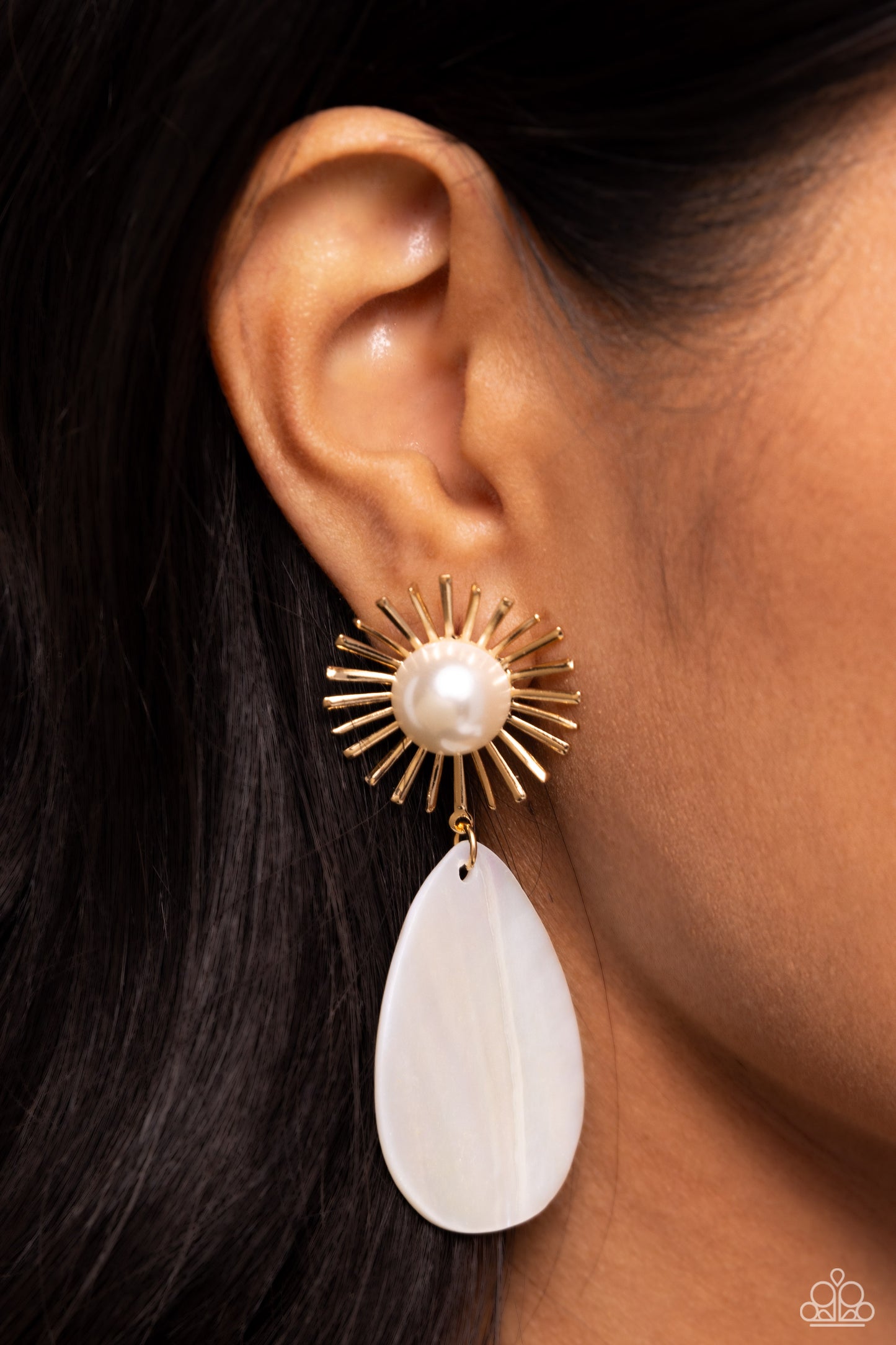 Sunburst Sophistication - Gold Sunburst Shape/White Pearl Center/White Teardrop Shell Paparazzi Earrings