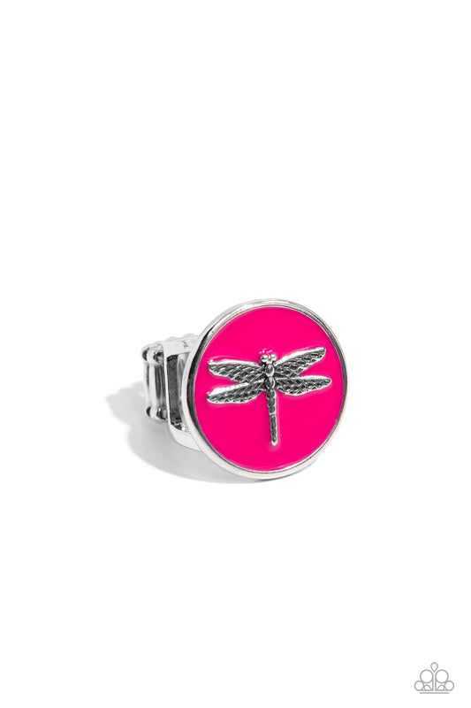 Debonair Dragonfly - Pink Painted Disc & Silver Dragonfly Paparazzi Ring