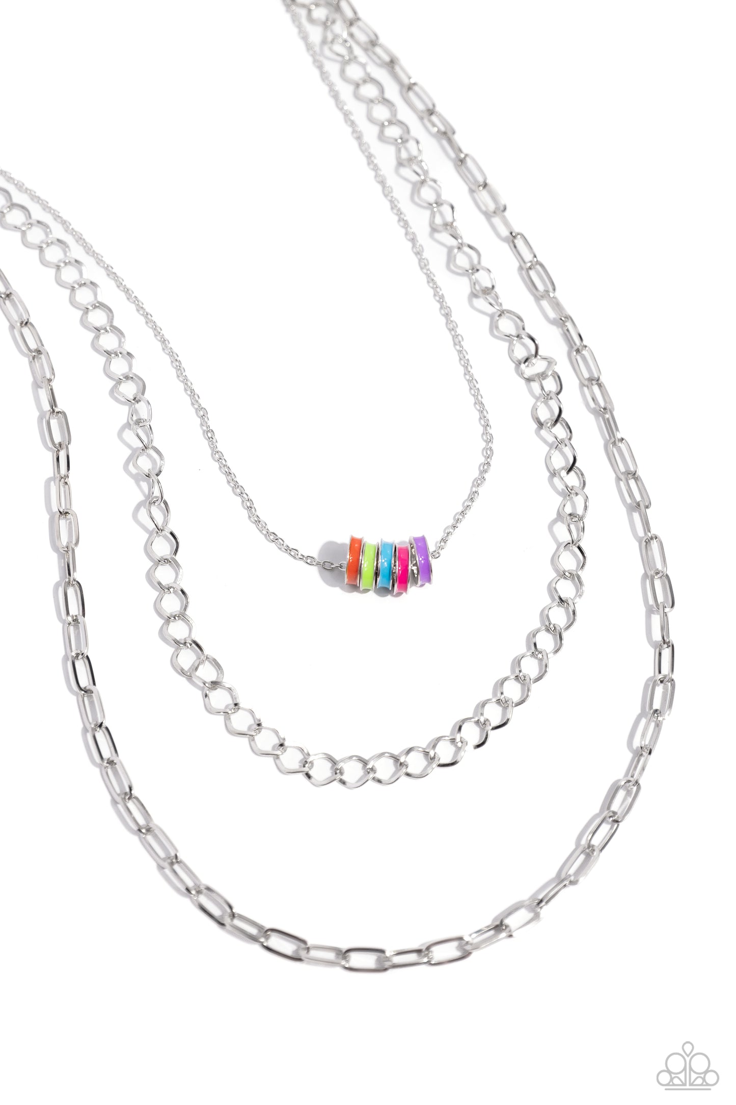 Colorful Cadet - Multi Colored Rings/Silver Mismatched Chains Paparazzi Necklace & matching earrings