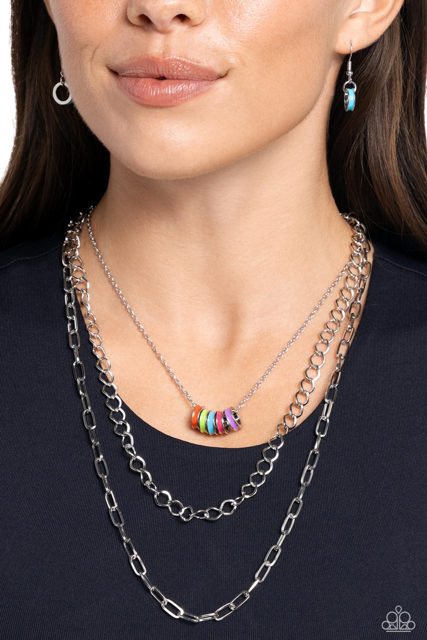 Colorful Cadet - Multi Colored Rings/Silver Mismatched Chains Paparazzi Necklace & matching earrings