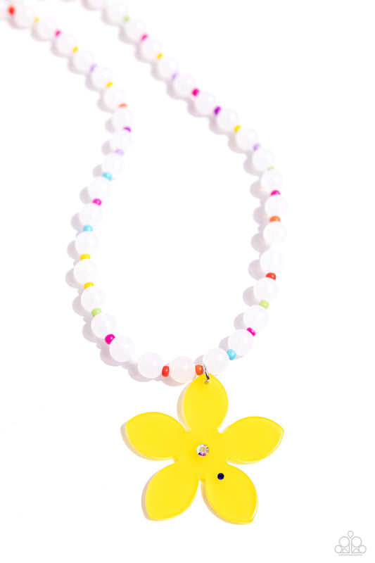 Nostalgic Novelty - Yellow Flower Pendant/White Beaded Paparazzi Necklace & matching earrings