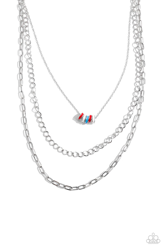 Colorful Cadet - Red/White/Blue Rings & Silver Chains Paparazzi Necklace & matching earrings