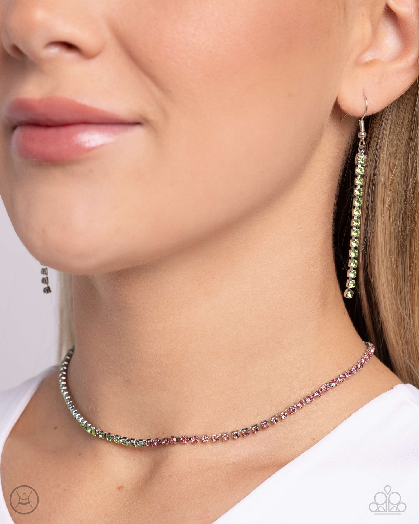 Dedicated Duo - Green to Rose Rhinestone Paparazzi Choker Necklace & matching earrings