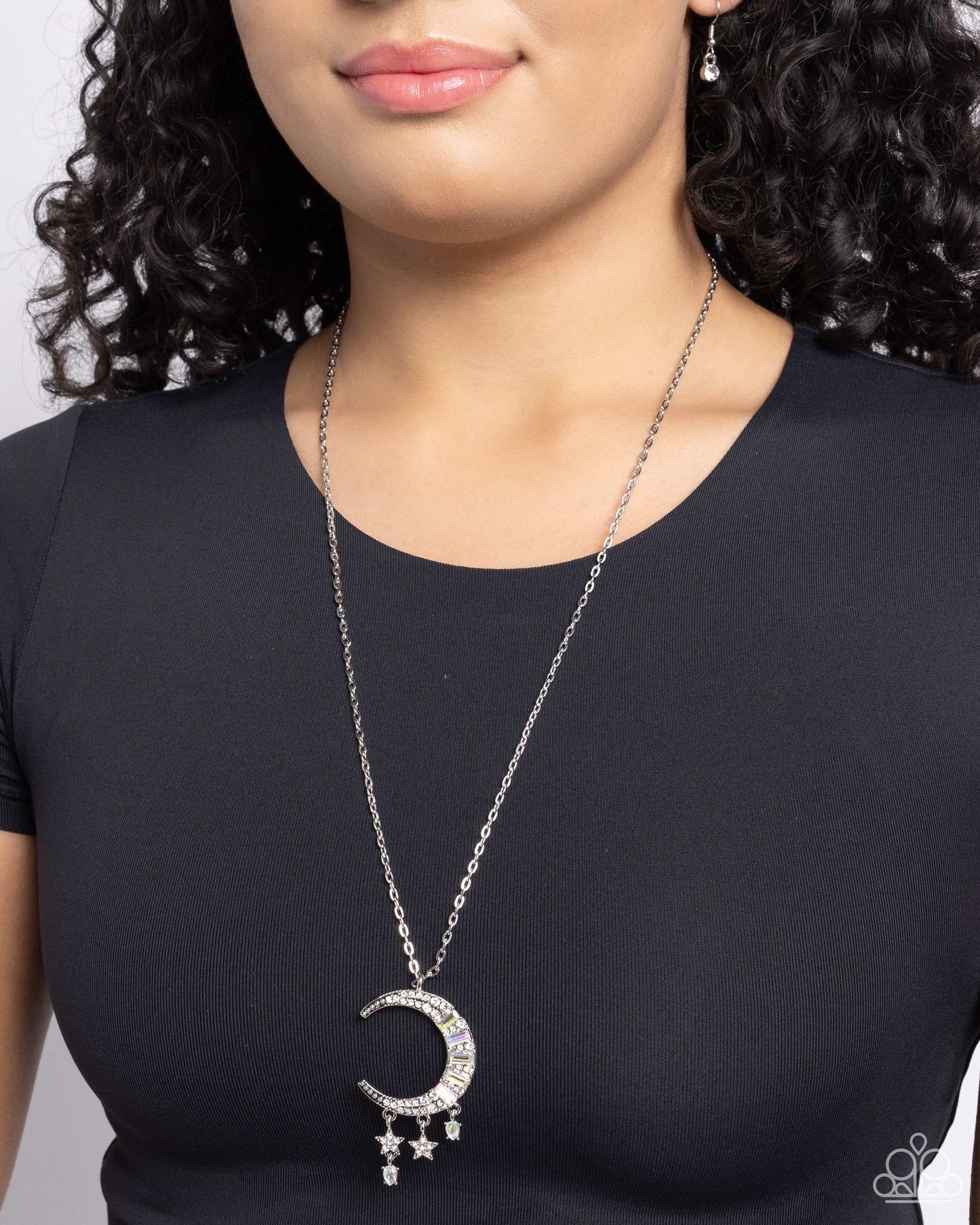 Lunar Landmark - White/Iridescent Rhinestone Embellished Moon Pendant Paparazzi Necklace & matching earrings