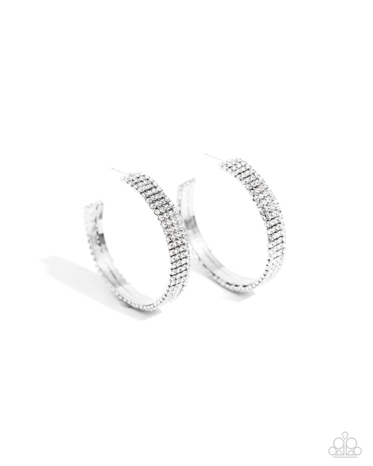 Stacked Symmetry - White Rhinestone Encrusted Paparazzi Hoop Earrings