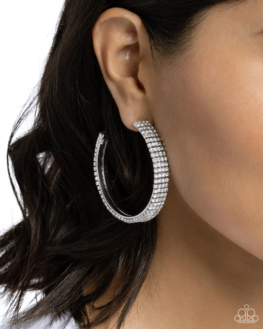 Stacked Symmetry - White Rhinestone Encrusted Paparazzi Hoop Earrings