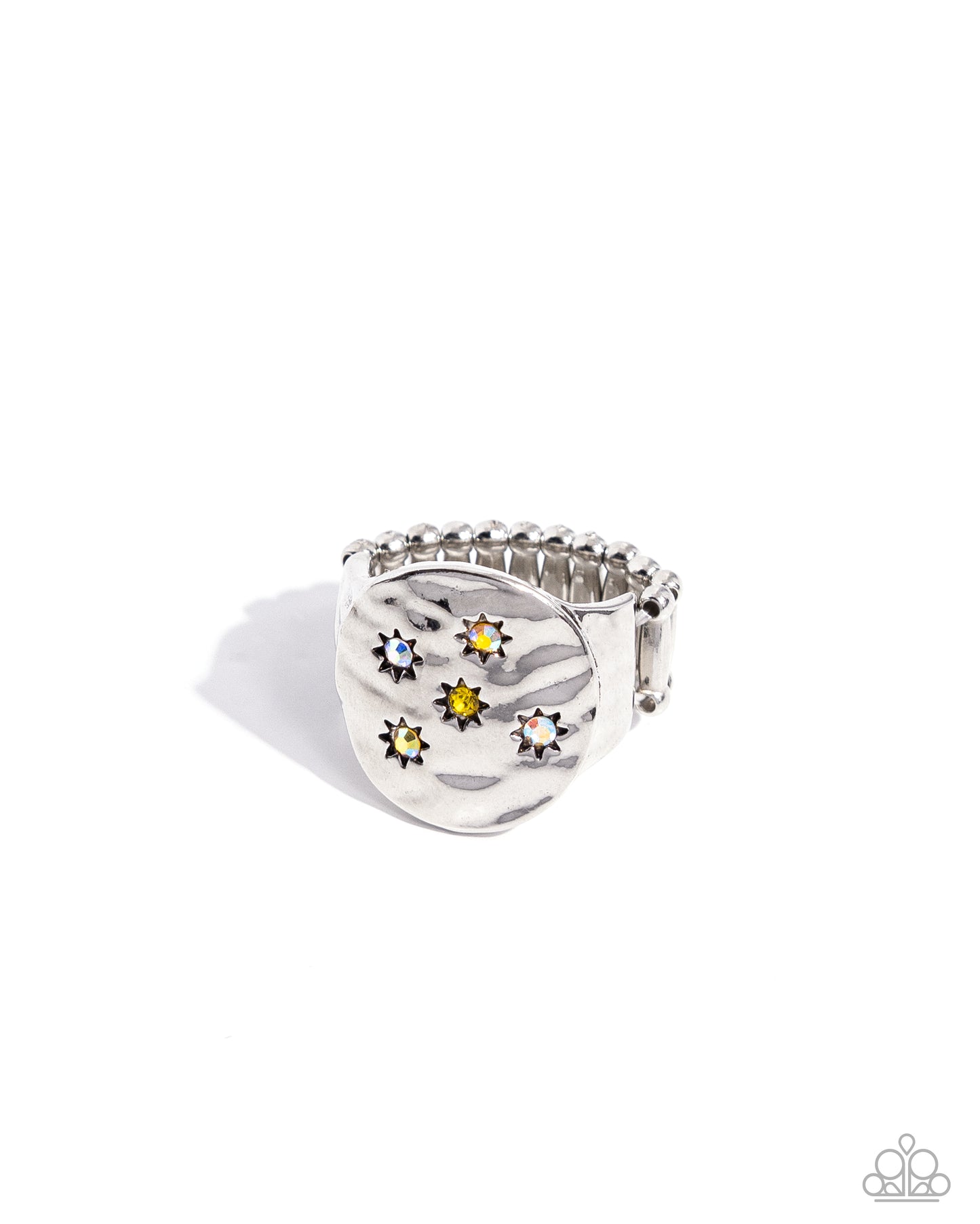 Starry Serenade - Yellow Iridescent Rhinestone Stars/Hammered Silver Disc Paparazzi Ring