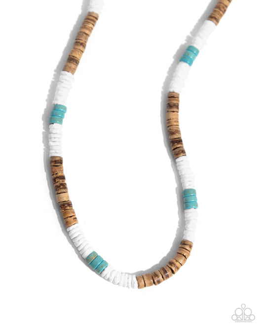 Wood Wardrobe - Blue, Wooden, & White Shell Disc Bead Paparazzi Men's Necklace