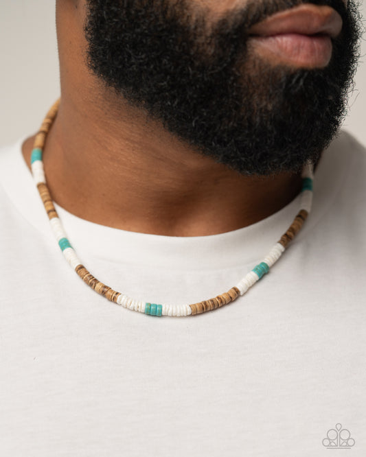 Wood Wardrobe - Blue, Wooden, & White Shell Disc Bead Paparazzi Men's Necklace