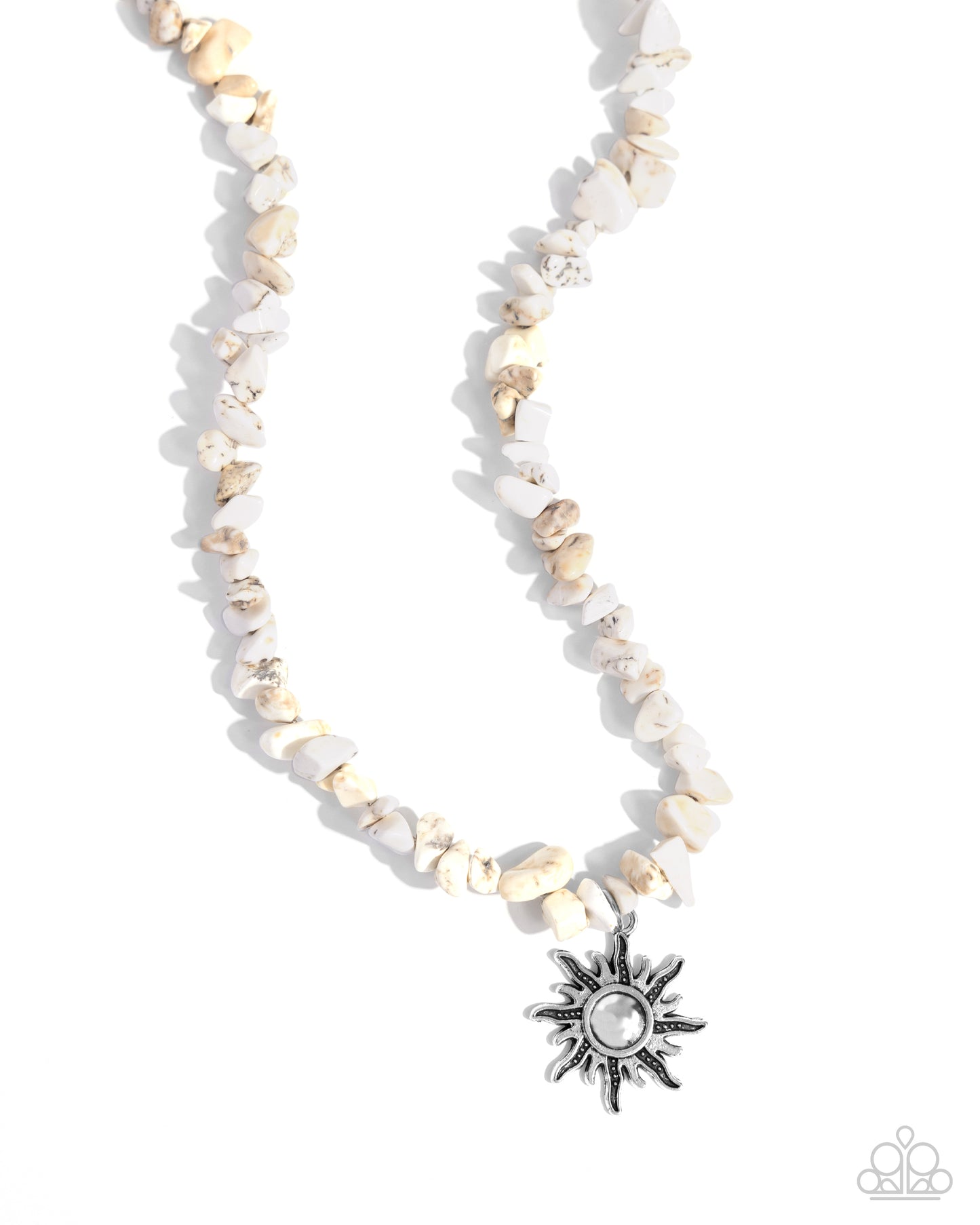 Dancing In The Sunlight - White Chiseled Stone Pebbles & Silver Sunburst Pendant Paparazzi Urban Necklace