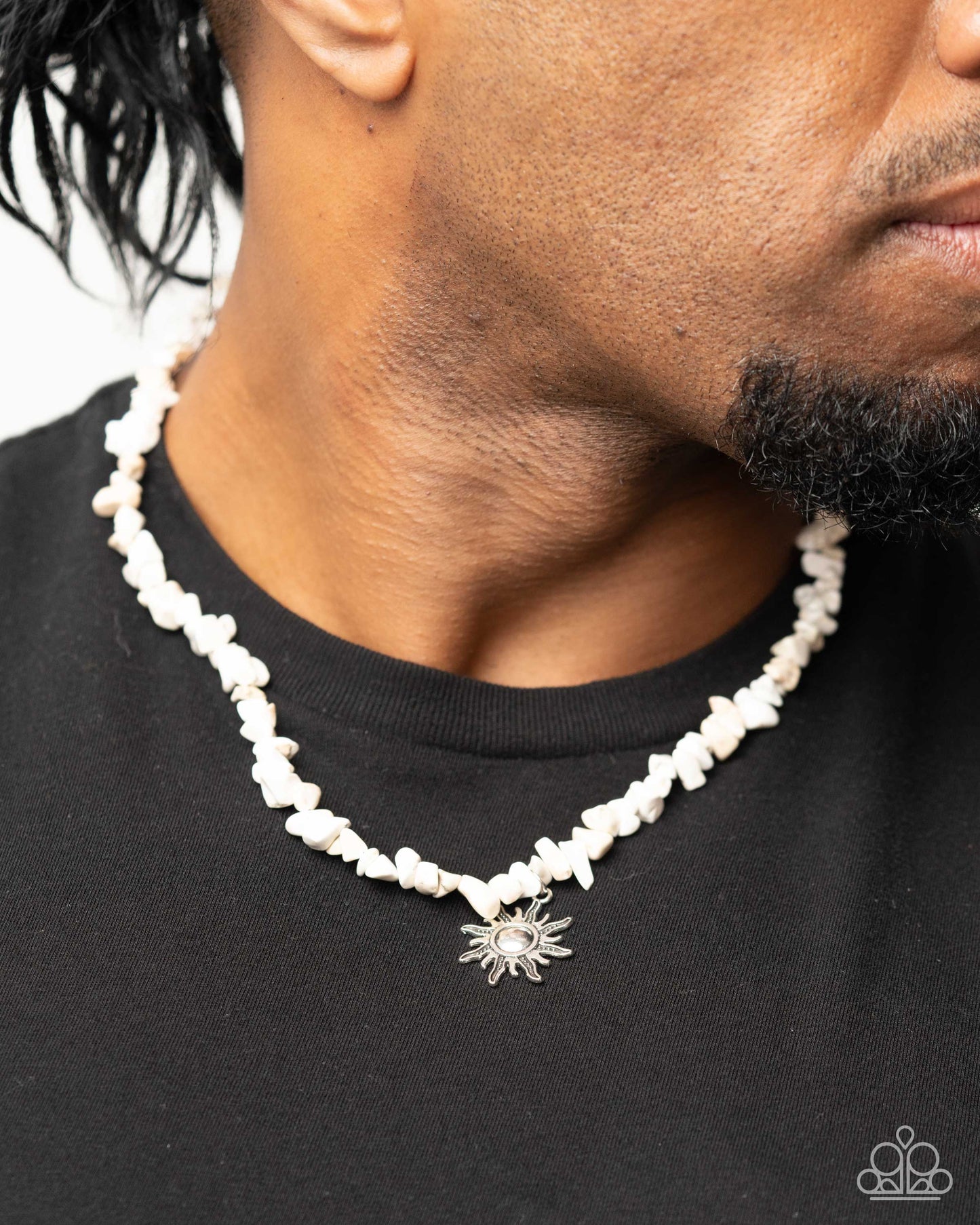 Dancing In The Sunlight - White Chiseled Stone Pebbles & Silver Sunburst Pendant Paparazzi Urban Necklace