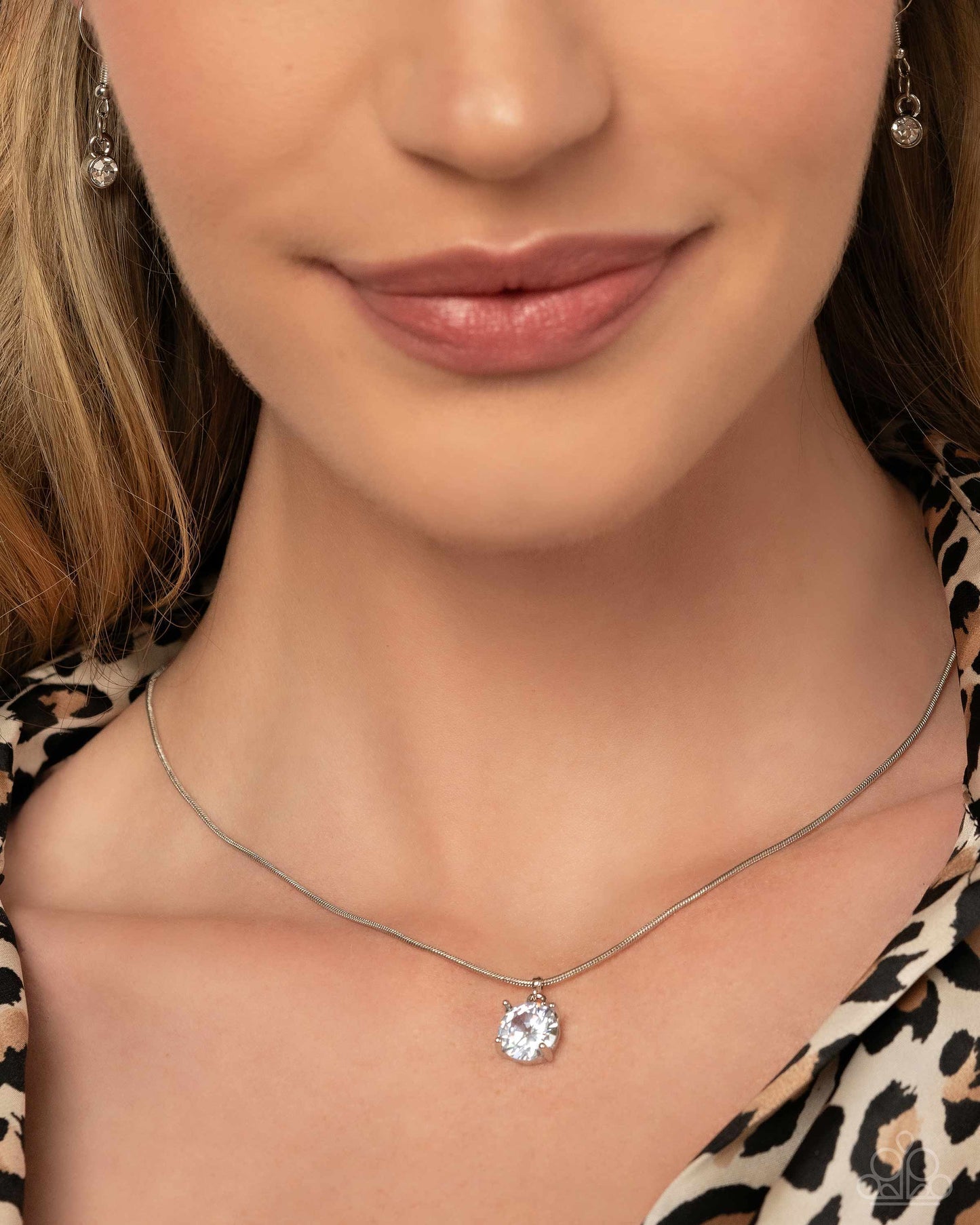 Pronged Premiere - White Faceted Gem Pendant Paparazzi Necklace & matching earrings