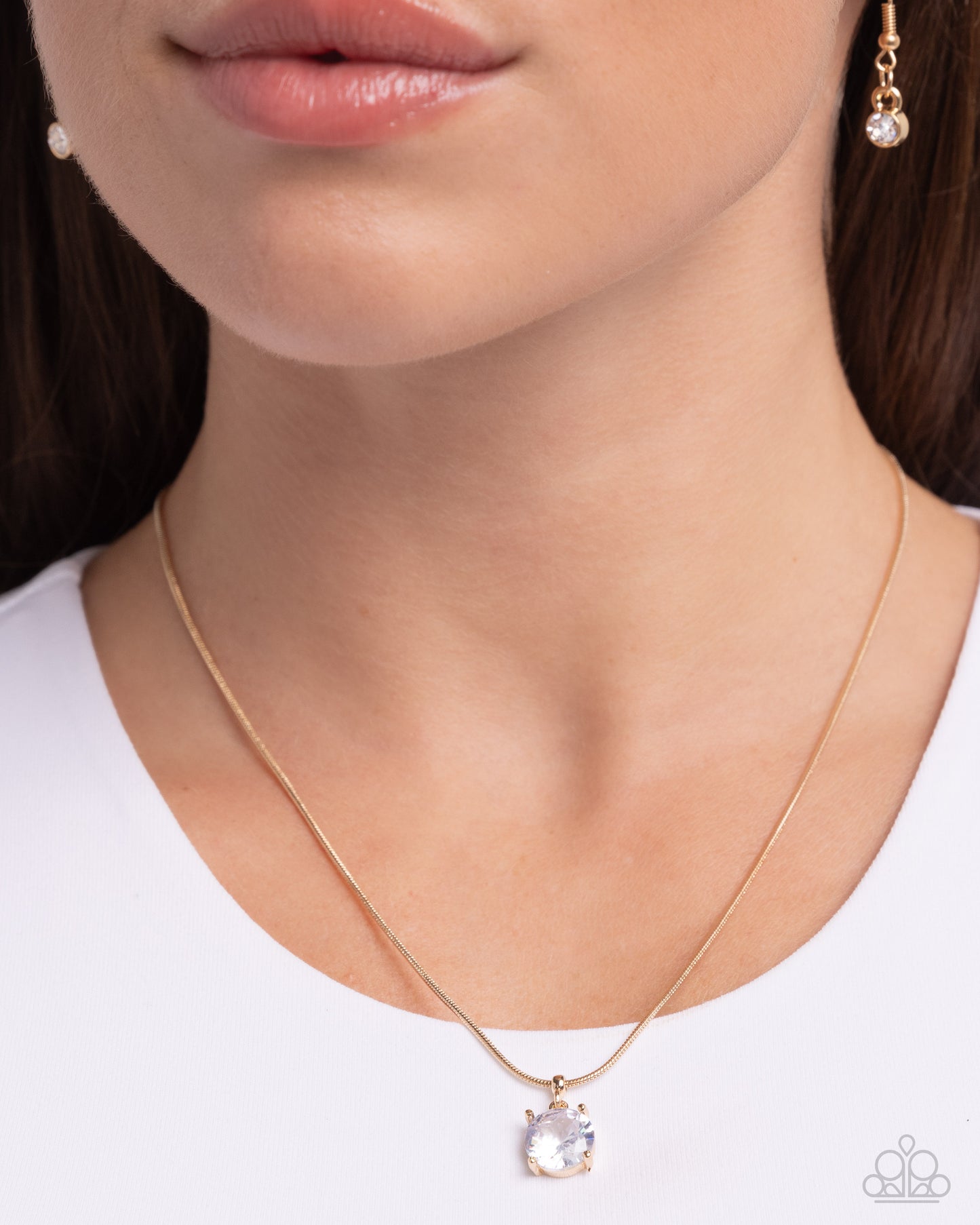 Pronged Premiere - Gold Snake Chain/White Gem Pendant Paparazzi Necklace & matching earrings