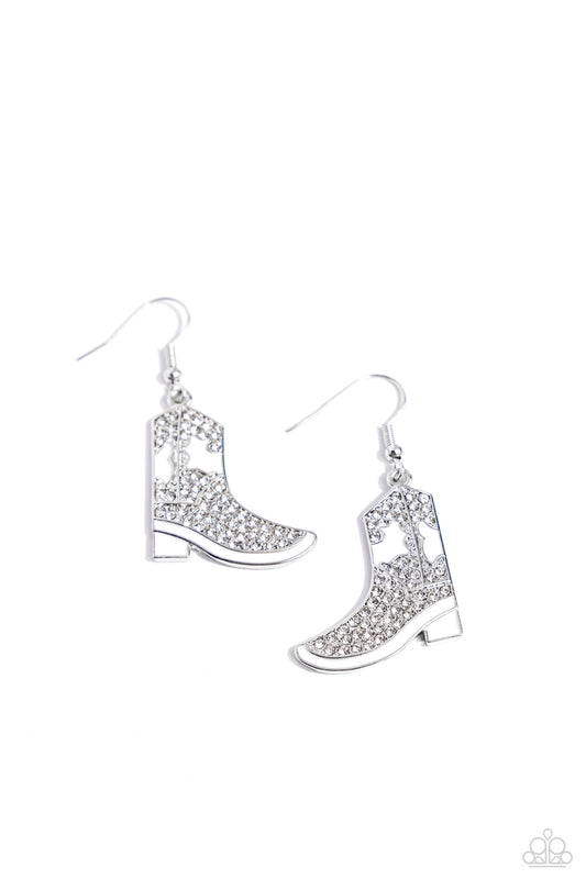Boot Scootin Bling - White Rhinestone Encrusted Cowboy Boot Paparazzi Earrings