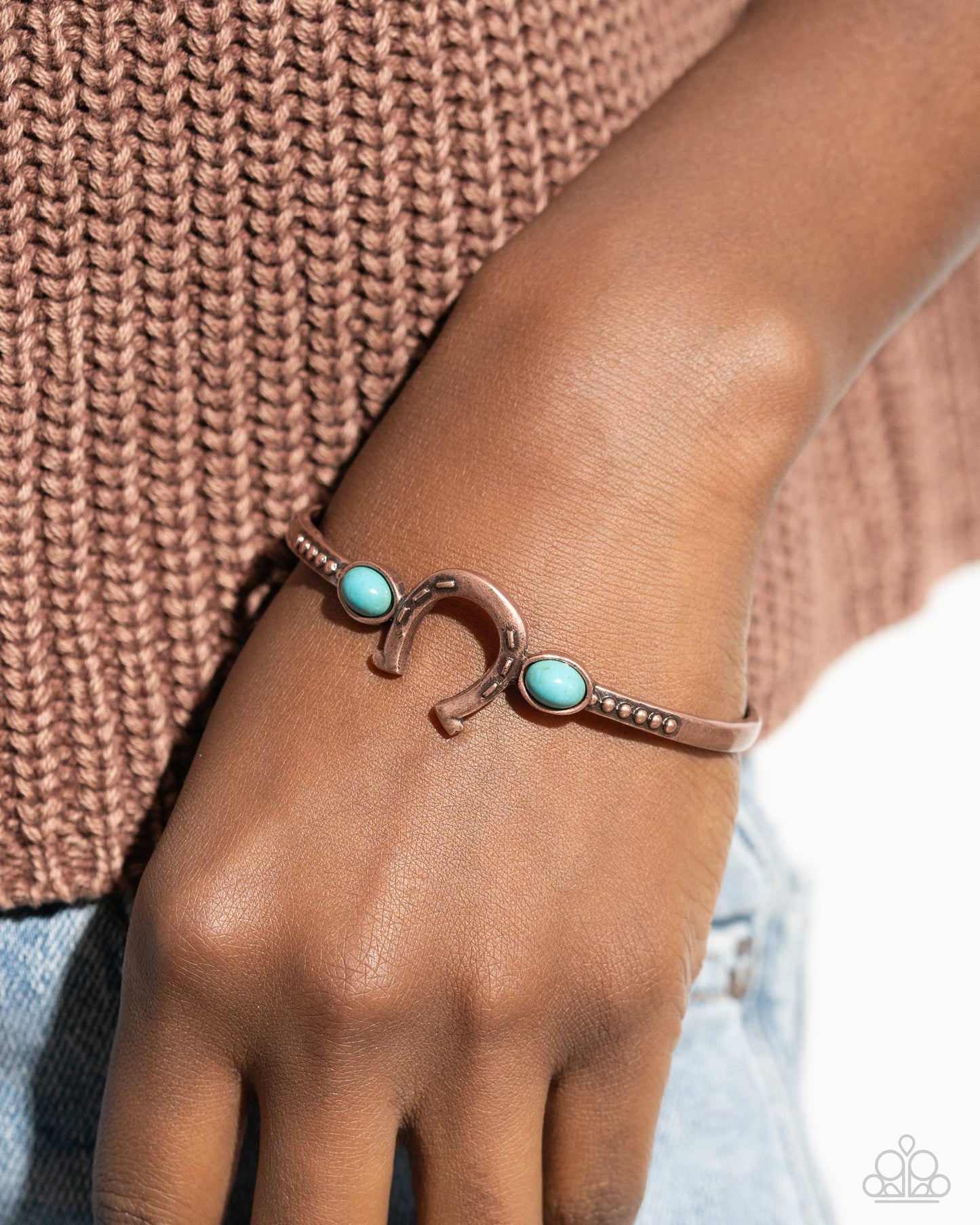 Horseshoe Habit - Copper Studded Horseshoe Cuff & Turquoise Stones Paparazzi Bracelet