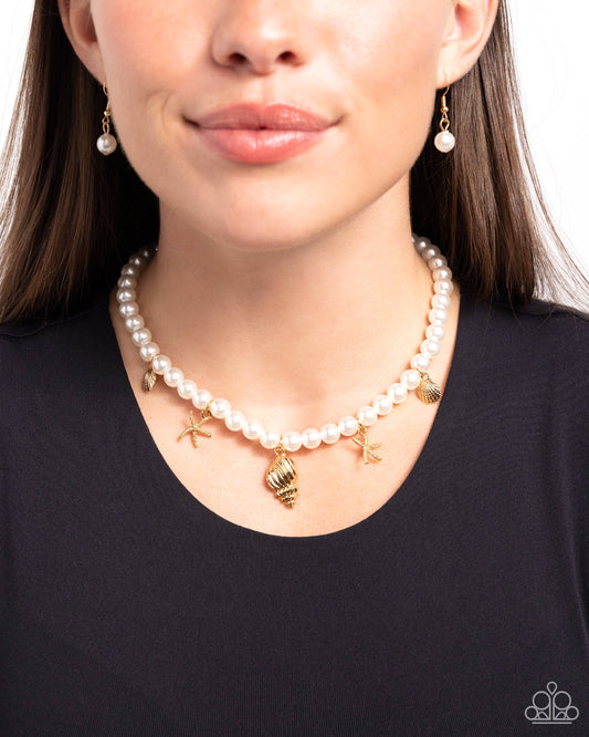 Beachcomber Beauty - Gold Beach Inspired Charms/White Pearls Paparazzi Necklace & matching earrings