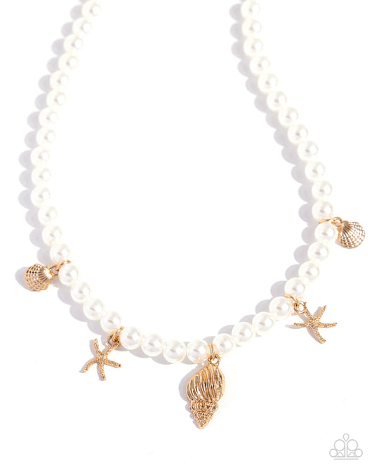 Beachcomber Beauty - Gold Beach Inspired Charms/White Pearls Paparazzi Necklace & matching earrings