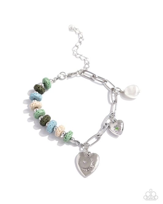 LAVA at First Sight - Green, Turquoise, & White Lava Stones/Silver Heart Charm Paparazzi Adjustable Bracelet