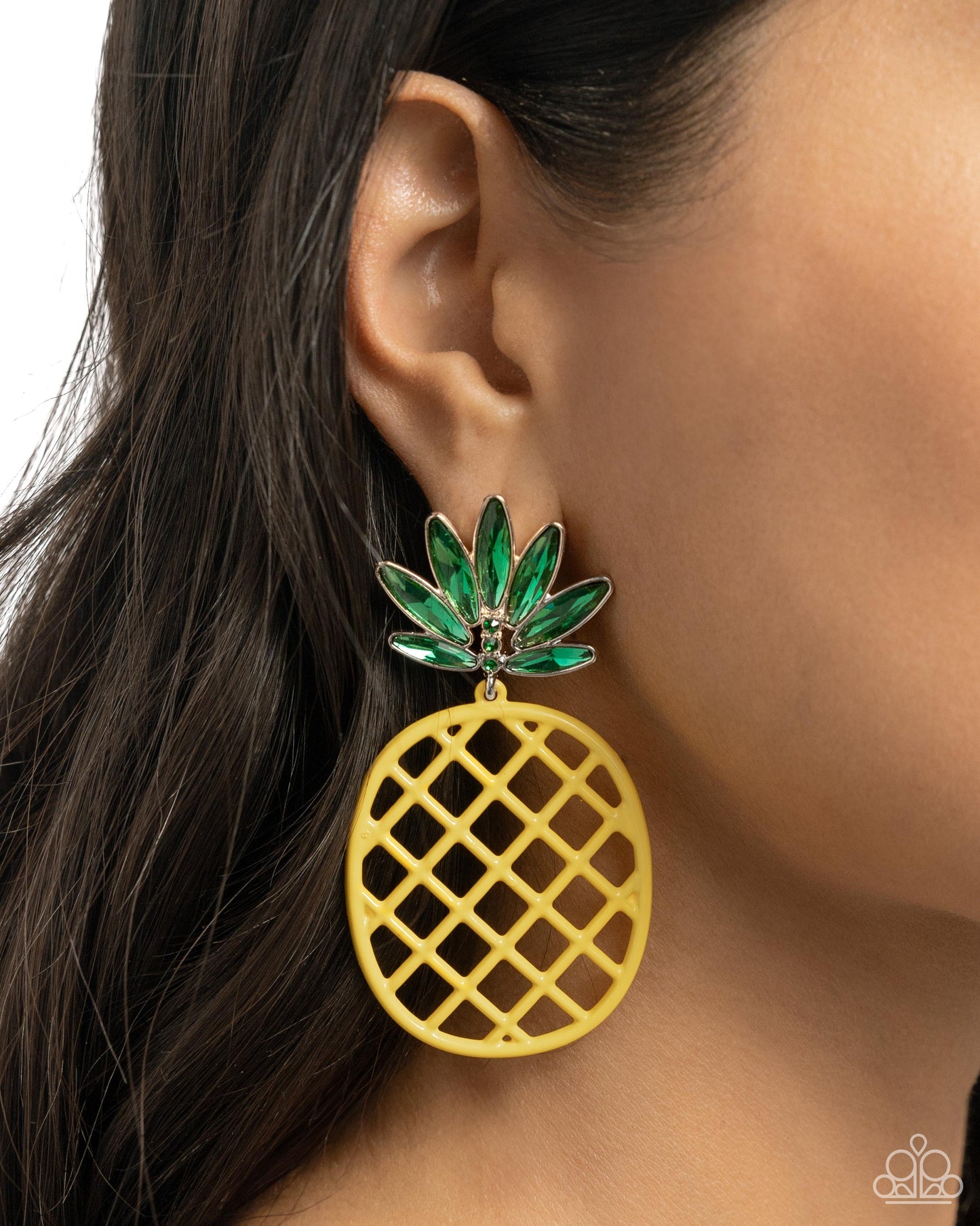 Pineapple Passion - Yellow Oversized Pineapple/Green Oval Gems Paparazzi Earrings