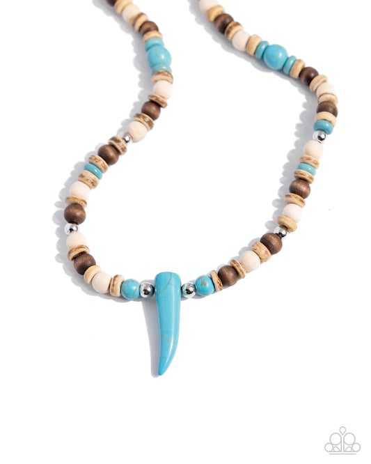 Pointed Patchwork - Blue, Wooden, & Silver Beads/Shark-Tooth-Like Stone Pendant Paparazzi Necklace