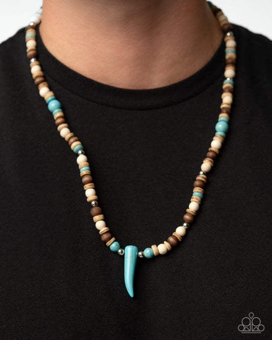 Pointed Patchwork - Blue, Wooden, & Silver Beads/Shark-Tooth-Like Stone Pendant Paparazzi Necklace