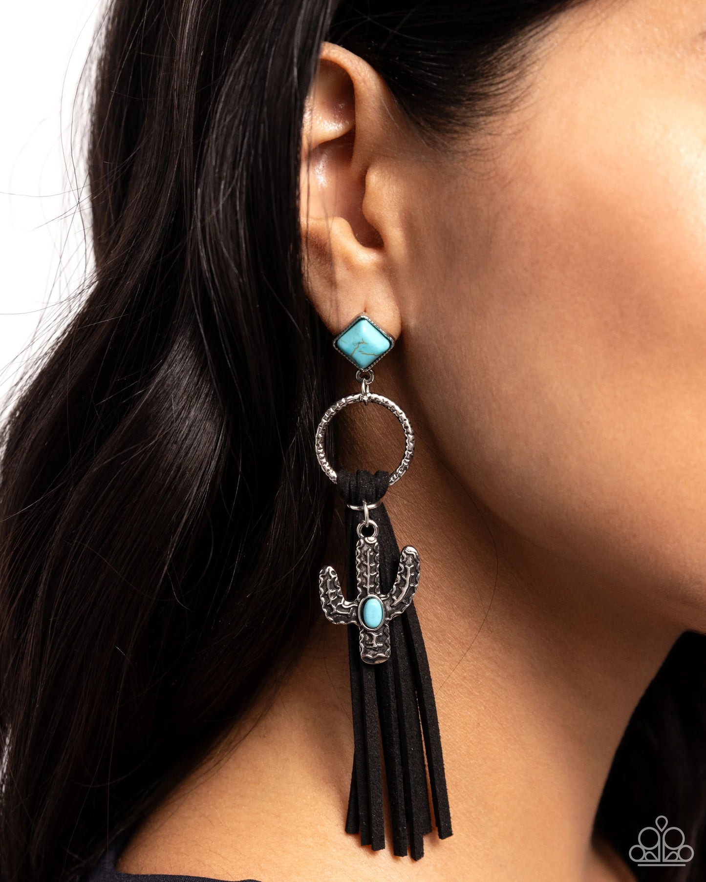 Southwestern Season - Black Suede Fringe, Turquoise Stone, & Silver Cactus Paparazzi Post Earrings