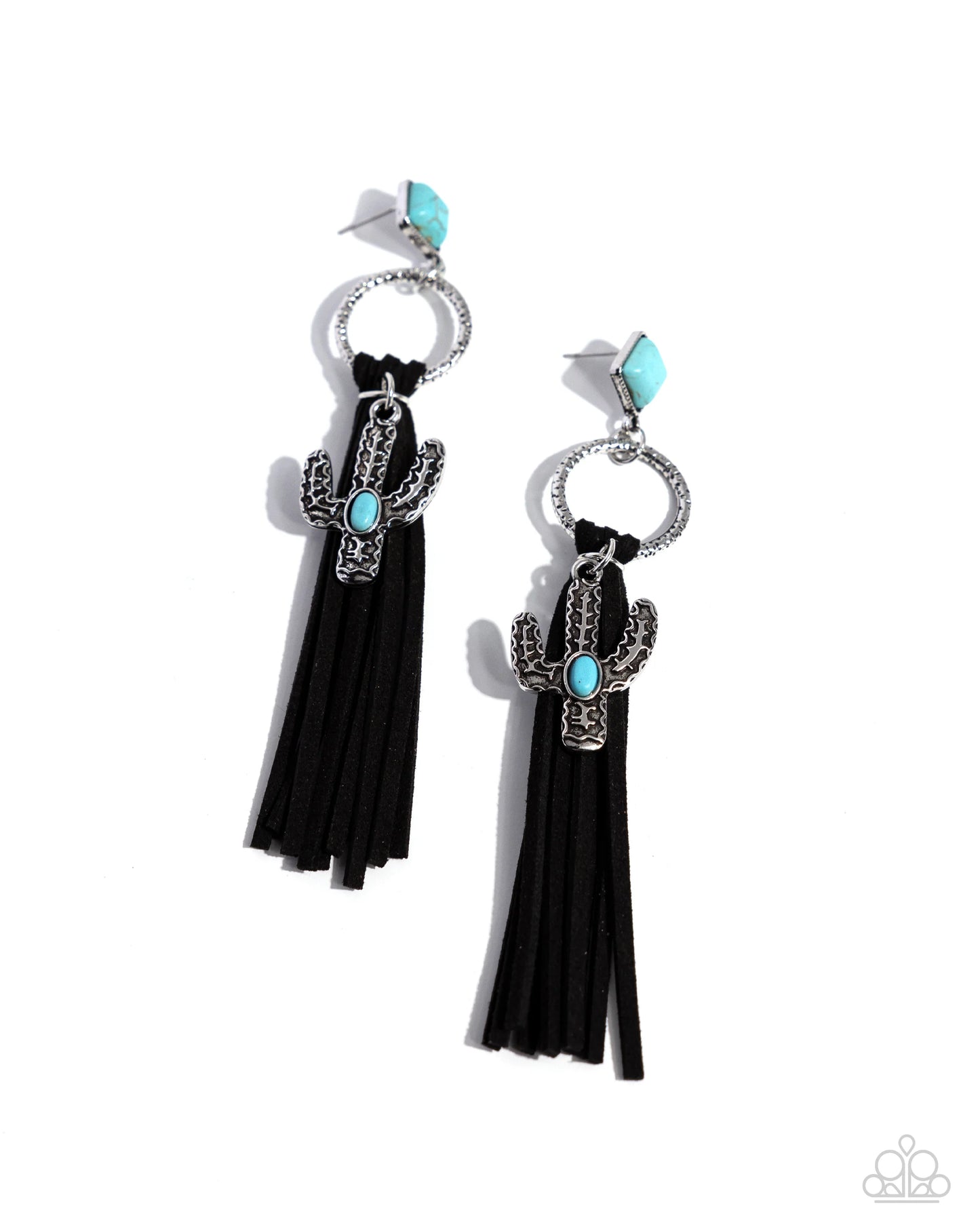Southwestern Season - Black Suede Fringe, Turquoise Stone, & Silver Cactus Paparazzi Post Earrings