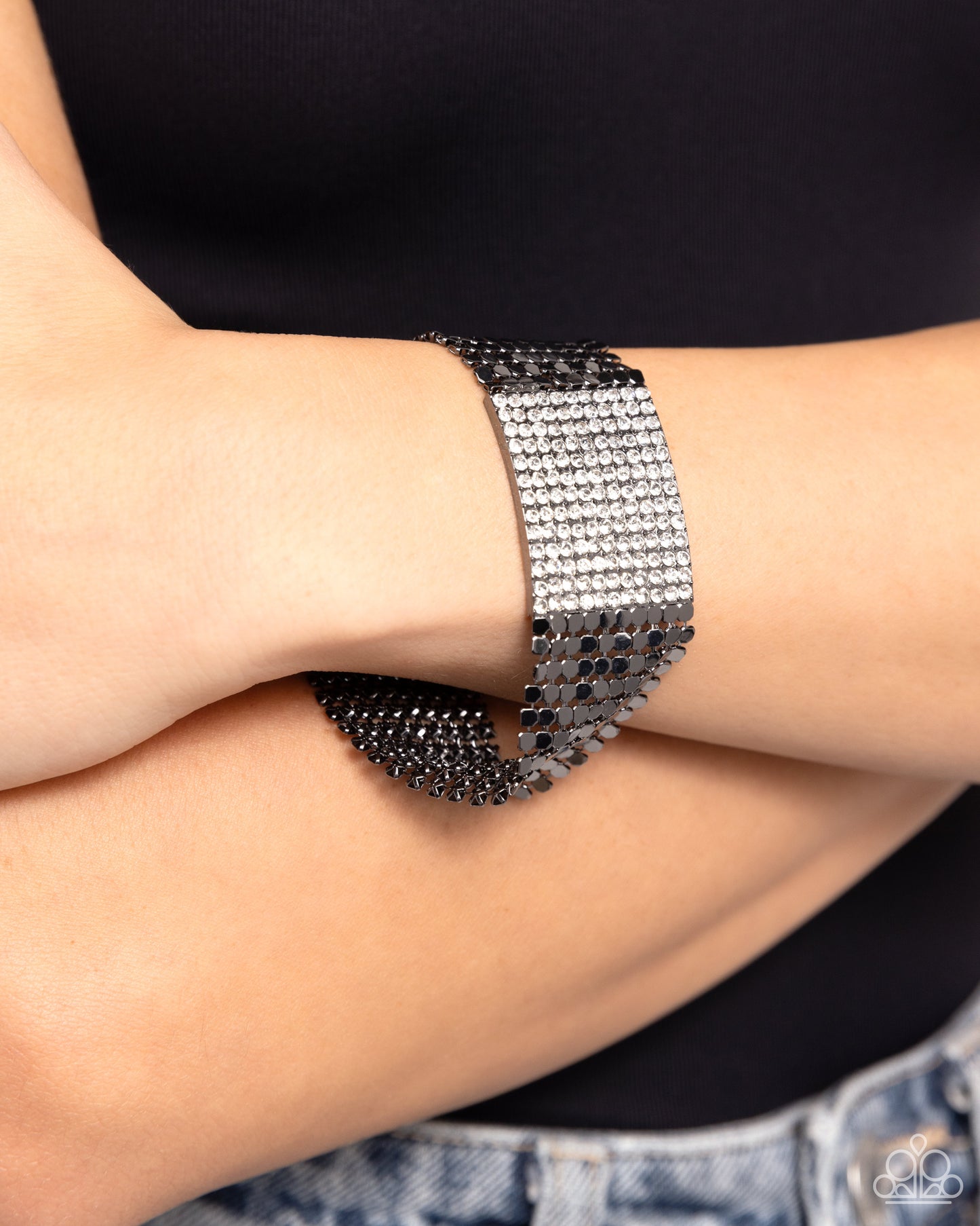 Disco Dame - Gunmetal Sequins & White Rhinestone Encrusted Pendant Paparazzi Adjustable Bracelet