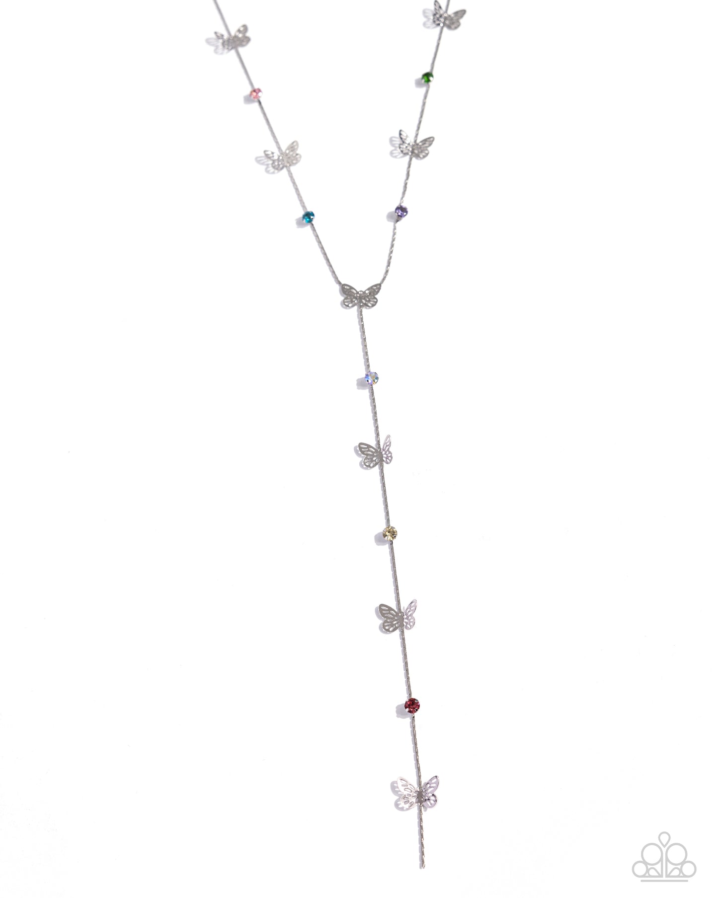 Aerial Attention - Multicolored Rhinestones/Silver Butterflies Paparazzi Y Necklace & matching earrings