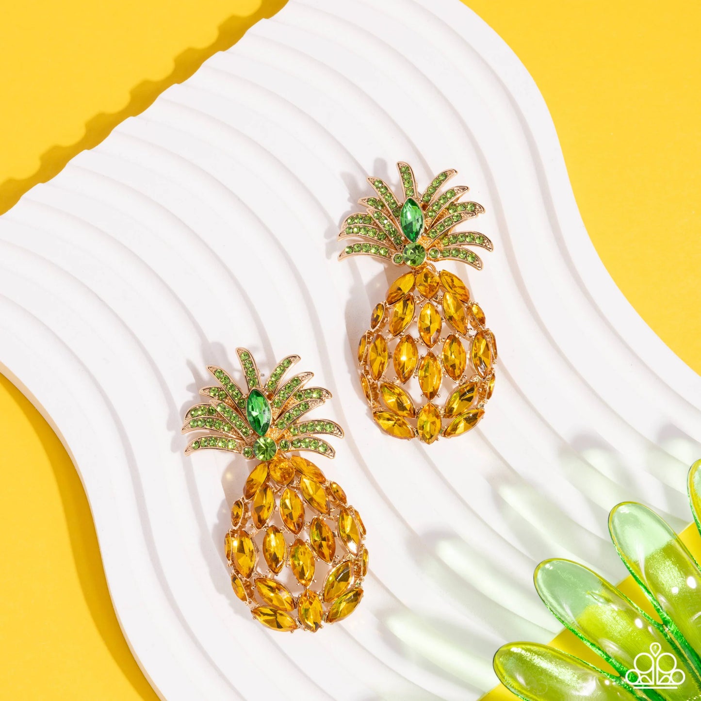 Pineapple Pizzazz - Yellow & Green Rhinestone Pineapple Paparazzi Post Earrings