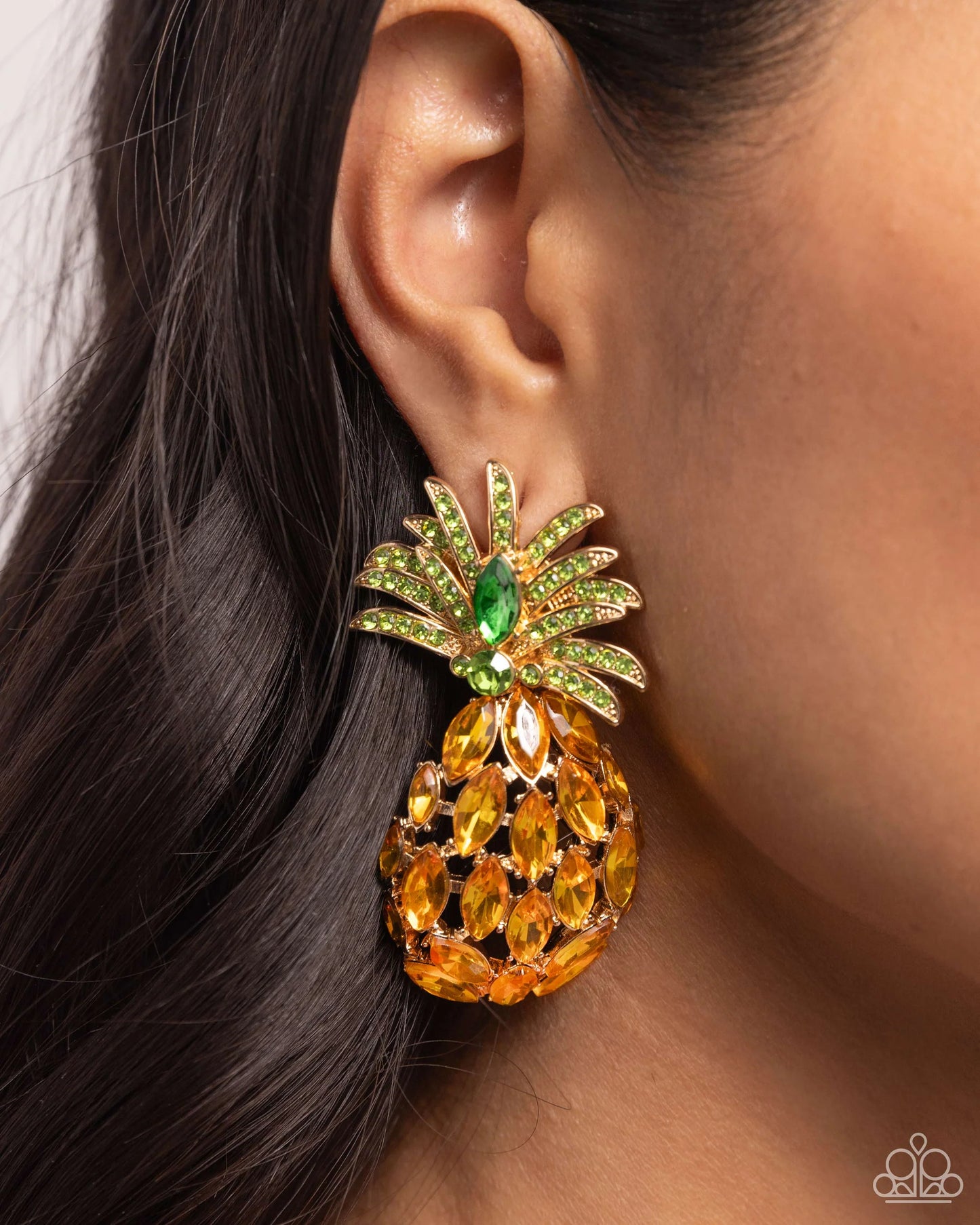 Pineapple Pizzazz - Yellow & Green Rhinestone Pineapple Paparazzi Post Earrings