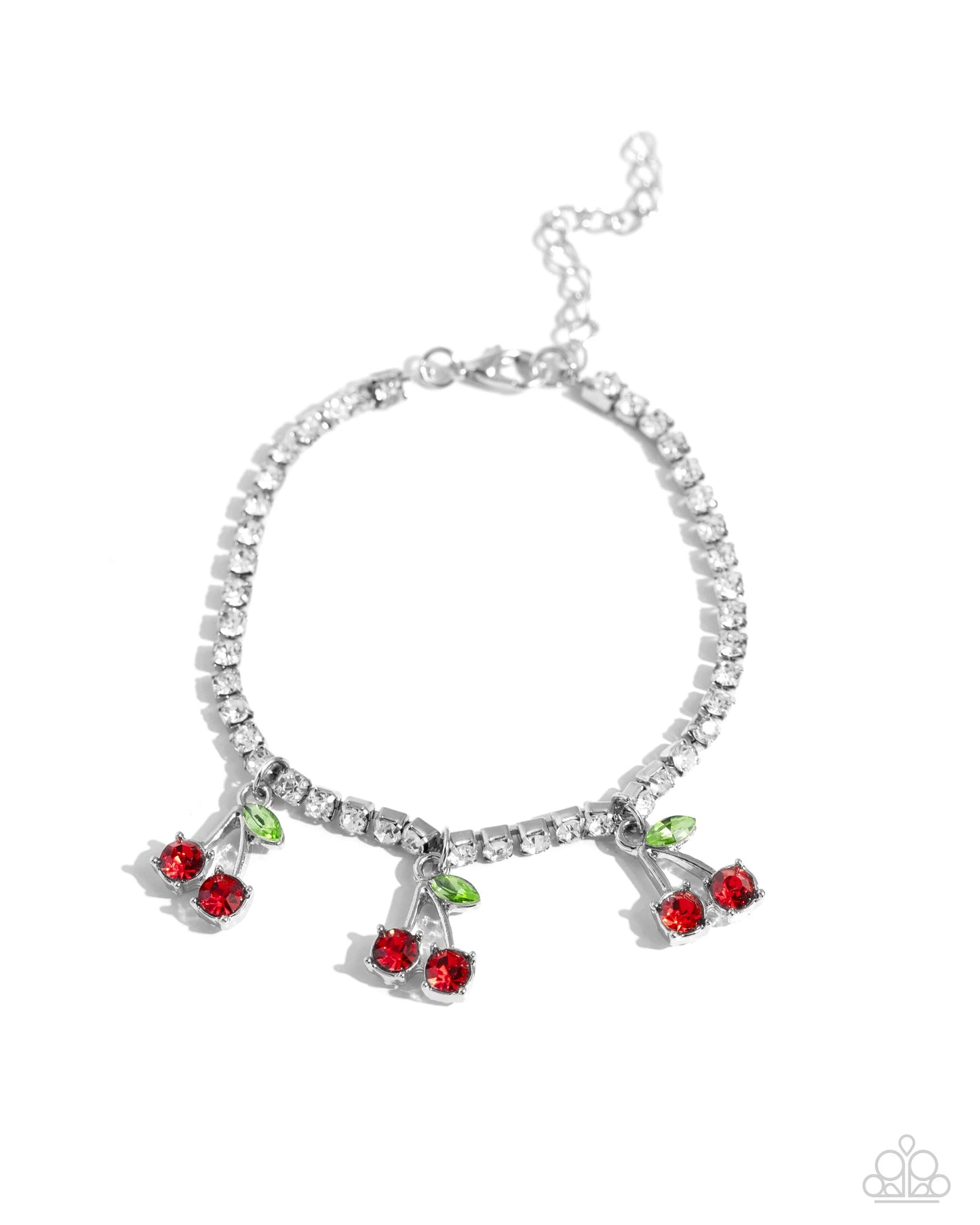 Candid Cherries - Red Cherries & White Rhinestone Chain Paparazzi Adjustable Bracelet