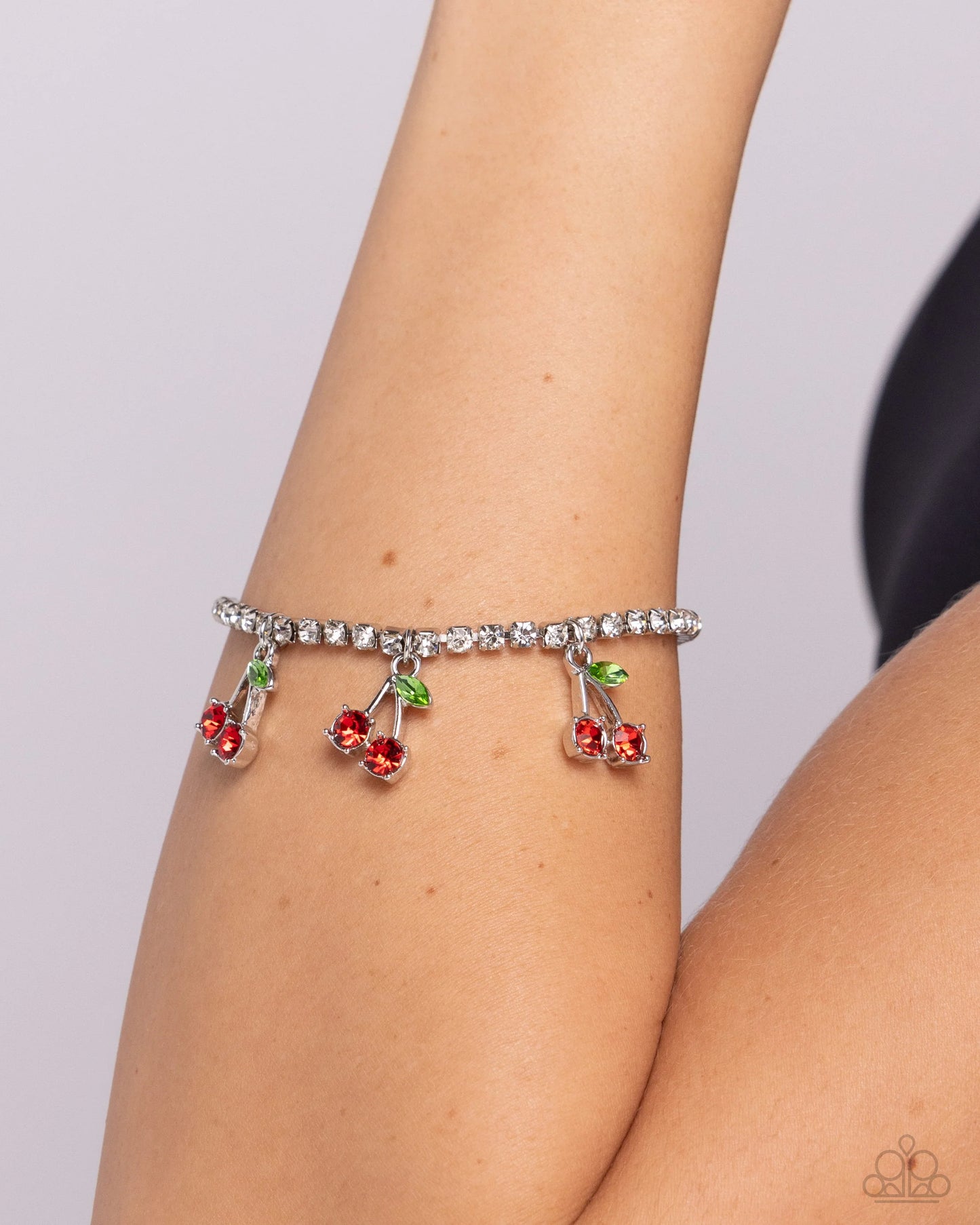 Candid Cherries - Red Cherries & White Rhinestone Chain Paparazzi Adjustable Bracelet