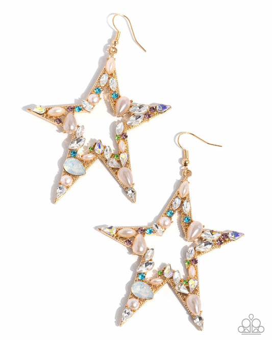 Variegated Value - Multicolored Rhinestones & Gems/Oversized Gold Star Paparazzi Earrings