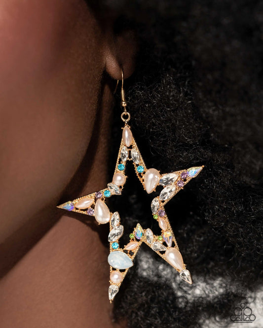 Variegated Value - Multicolored Rhinestones & Gems/Oversized Gold Star Paparazzi Earrings