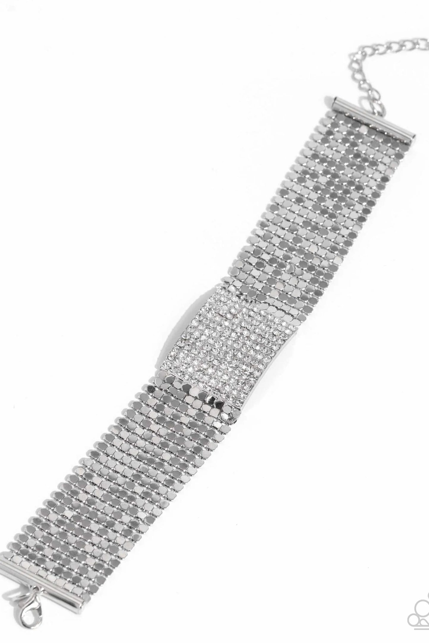 Disc Dame - White Rhinestone & Silver Disc Paparazzi Adjustable Bracelet - August 2024 LOP